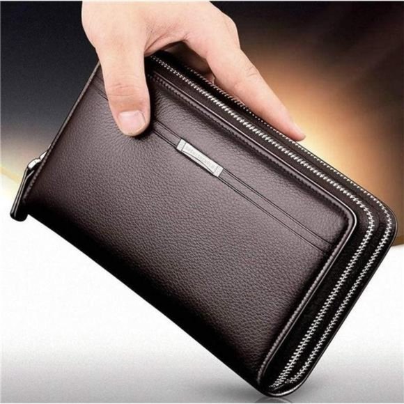 Mens Wallet Long Purse Leather Clutch Brown - Picture 2 of 6